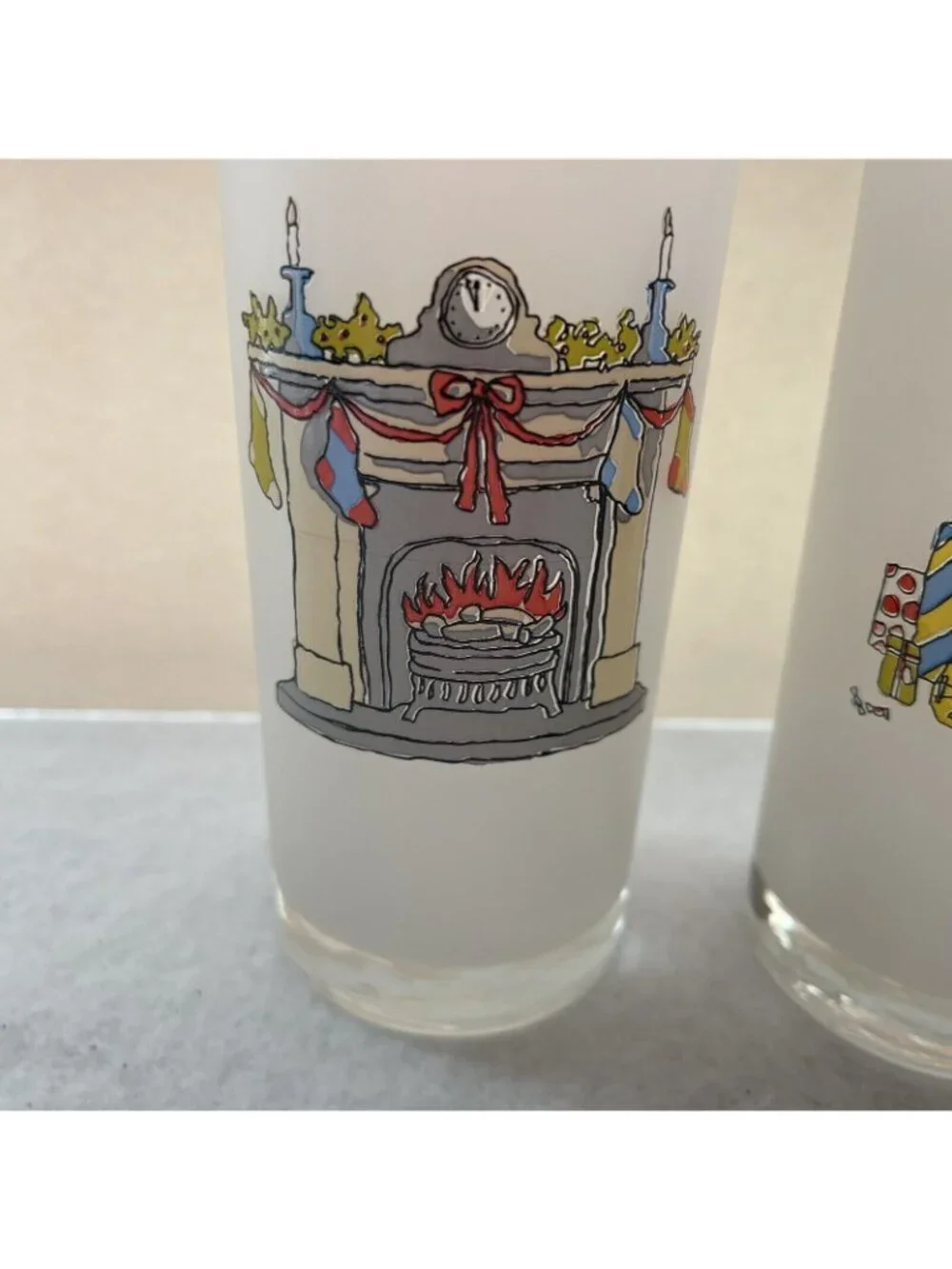 Christmas Frosted Highball Tumblers Window Scene Glasses Set Portugal Vintage